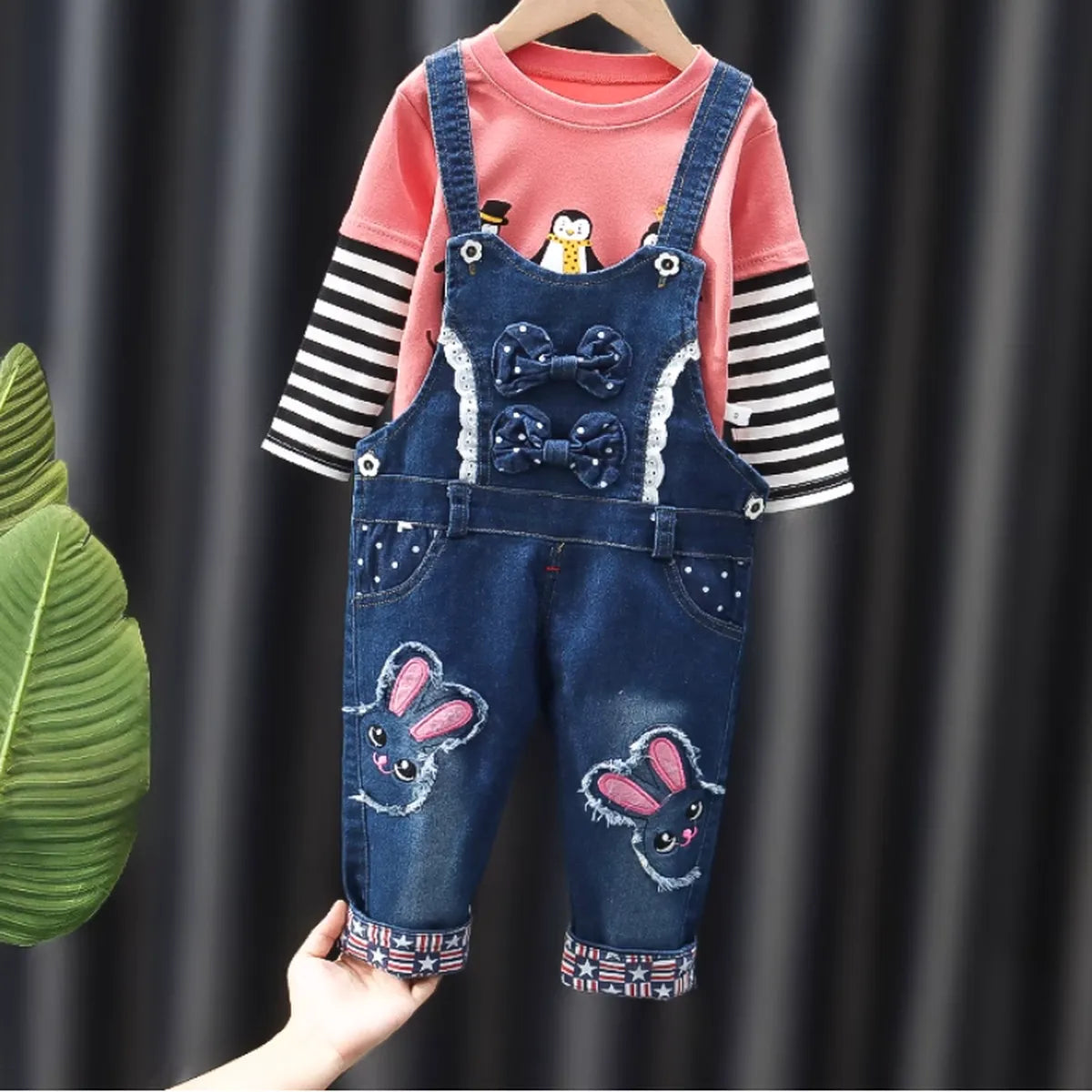 Denim Bunny Overalls with Bow Detail & Striped Top (Girls, 1-5 Years)